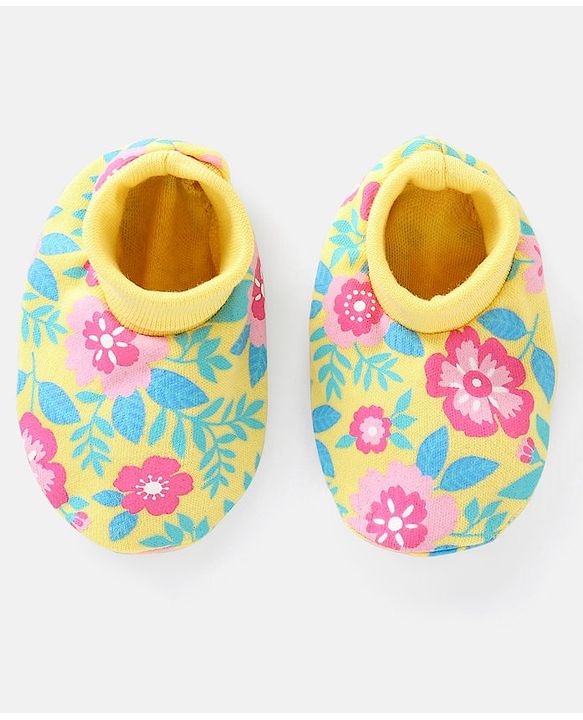 Babyhug 100% Cotton Knit Mittens & Booties Set Floral Print - Yellow