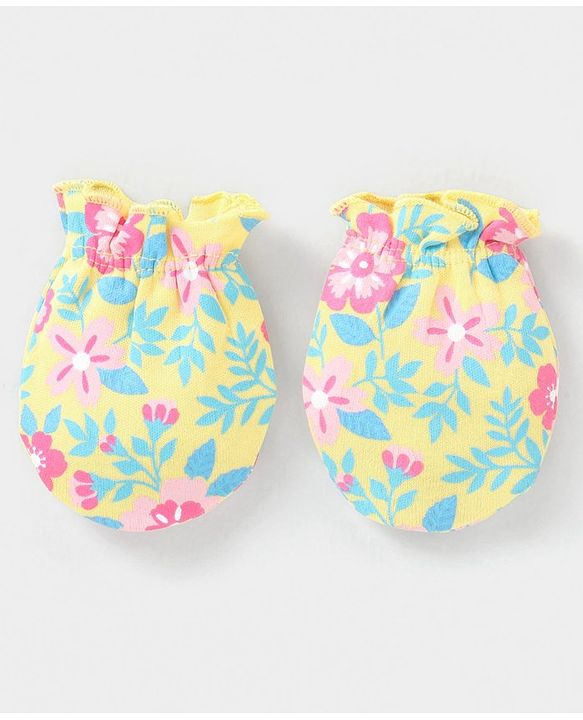 Babyhug 100% Cotton Knit Mittens & Booties Set Floral Print - Yellow