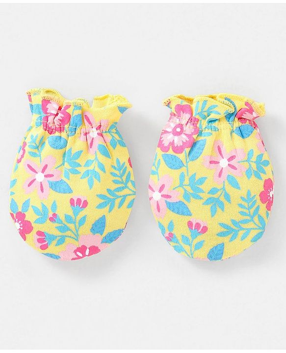 Babyhug 100% Cotton Knit Mittens & Booties Set Floral Print - Yellow