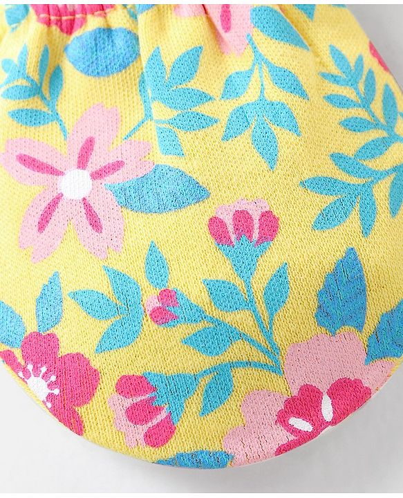 Babyhug 100% Cotton Knit Mittens & Booties Set Floral Print - Yellow