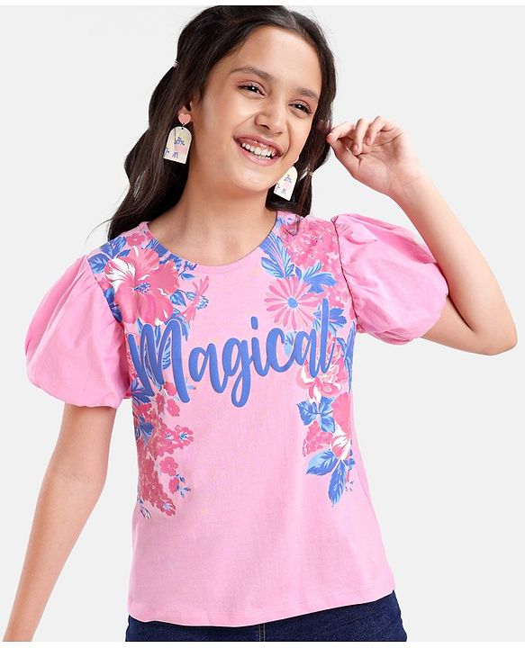 Pine Kids Cotton Knit Half Sleeves Floral Print T-Shirt - Pink