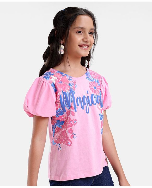Pine Kids Cotton Knit Half Sleeves Floral Print T-Shirt - Pink