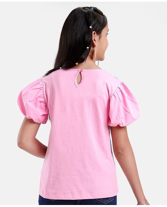 Pine Kids Cotton Knit Half Sleeves Floral Print T-Shirt - Pink