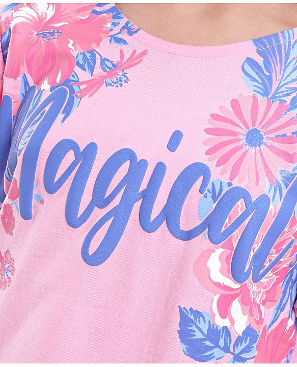 Pine Kids Cotton Knit Half Sleeves Floral Print T-Shirt - Pink