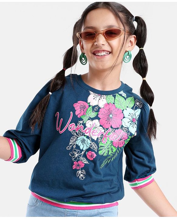 Pine Kids Cotton Knit Three Fourth Sleeves Floral Print T-Shirt - Blue