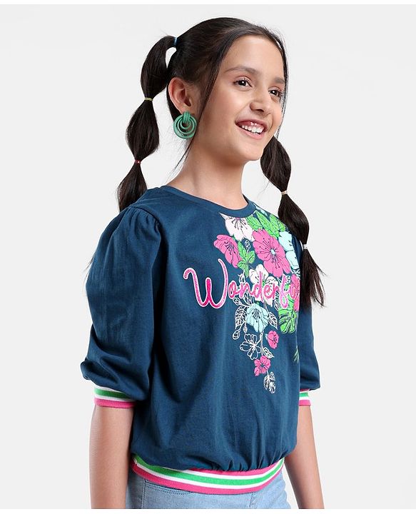 Pine Kids Cotton Knit Three Fourth Sleeves Floral Print T-Shirt - Blue