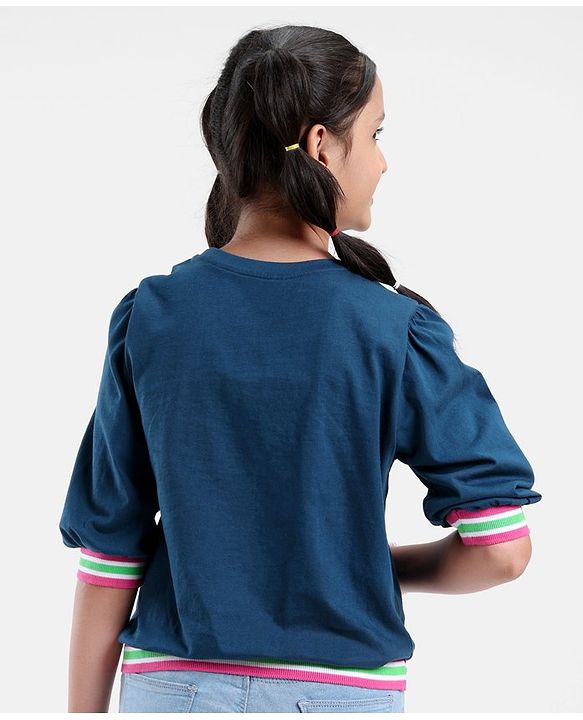 Pine Kids Cotton Knit Three Fourth Sleeves Floral Print T-Shirt - Blue