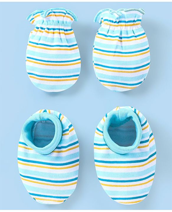 Babyhug 100% Cotton Striped Mittens & Booties - Blue