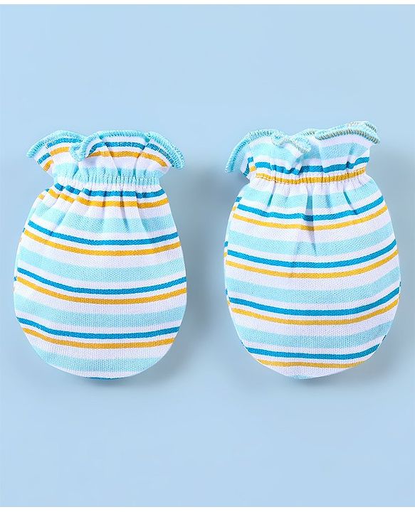 Babyhug 100% Cotton Striped Mittens & Booties - Blue