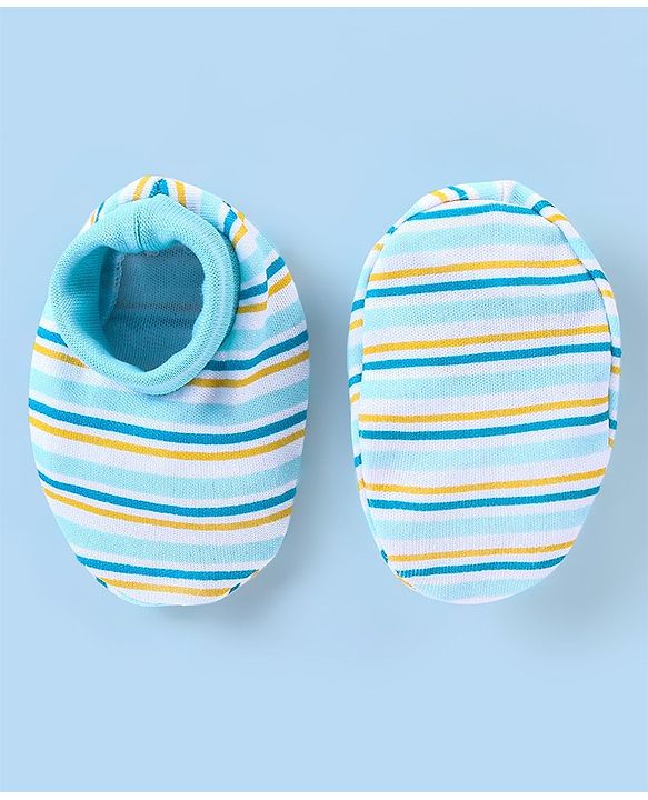 Babyhug 100% Cotton Striped Mittens & Booties - Blue