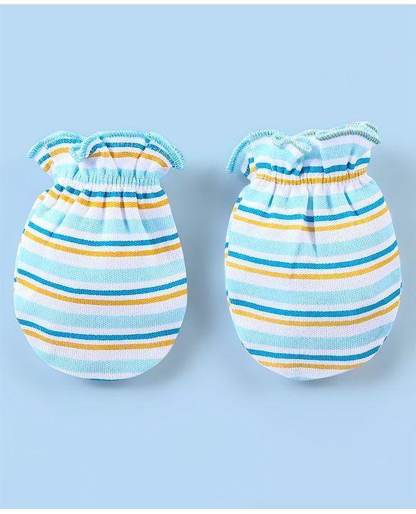 Babyhug 100% Cotton Striped Mittens & Booties - Blue