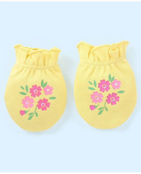 Babyhug 100% Cotton Mittens Floral Printed  & Stripes Pack of 3 - Blue & Yellow