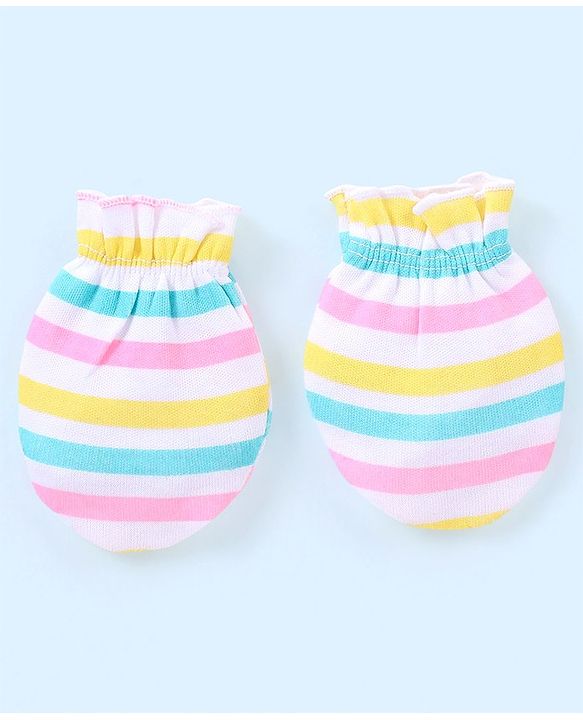 Babyhug 100% Cotton Mittens Floral Printed  & Stripes Pack of 3 - Blue & Yellow