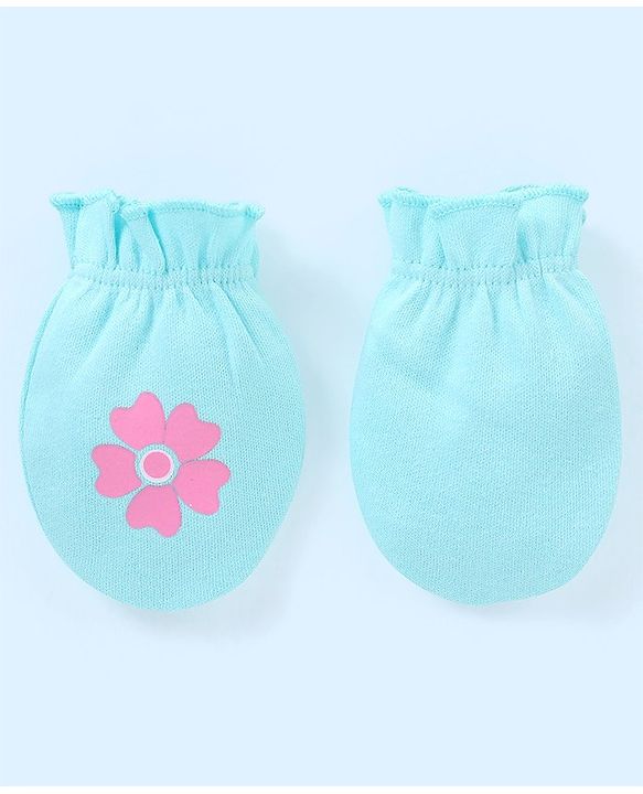 Babyhug 100% Cotton Mittens Floral Printed  & Stripes Pack of 3 - Blue & Yellow