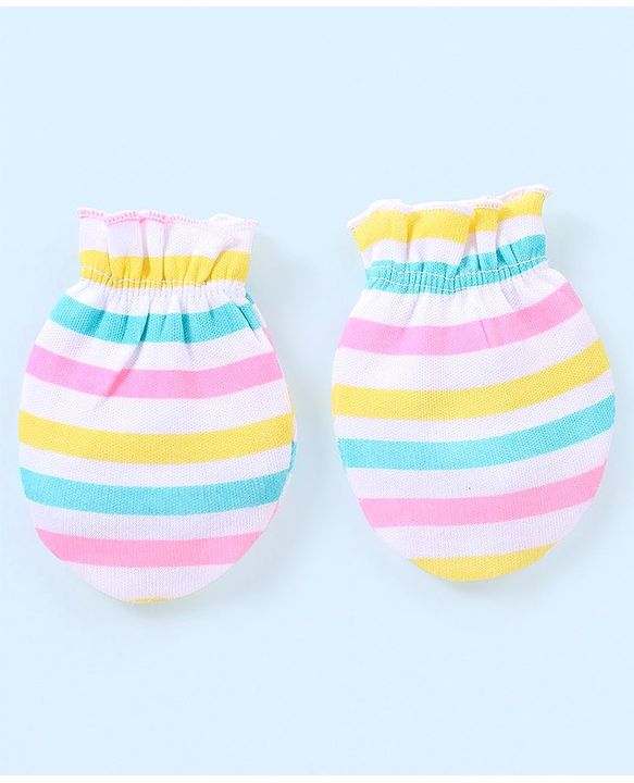 Babyhug 100% Cotton Mittens Floral Printed  & Stripes Pack of 3 - Blue & Yellow