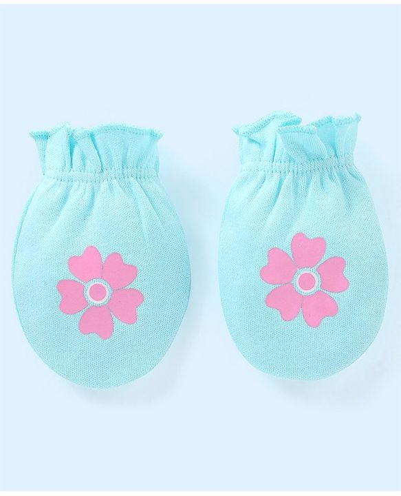 Babyhug 100% Cotton Mittens Floral Printed  & Stripes Pack of 3 - Blue & Yellow