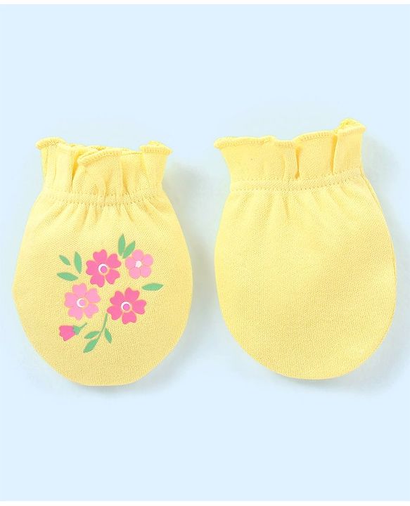 Babyhug 100% Cotton Mittens Floral Printed  & Stripes Pack of 3 - Blue & Yellow