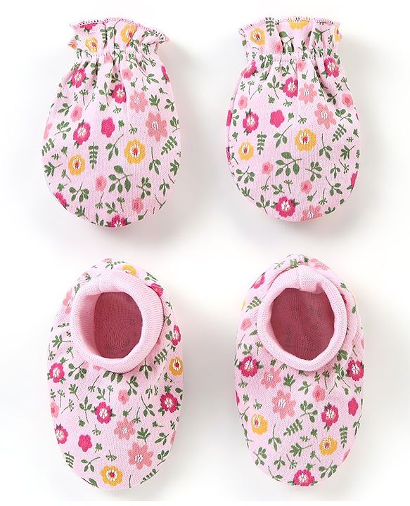 Babyhug 100% Cotton Floral print Mittens & Booties - Pink