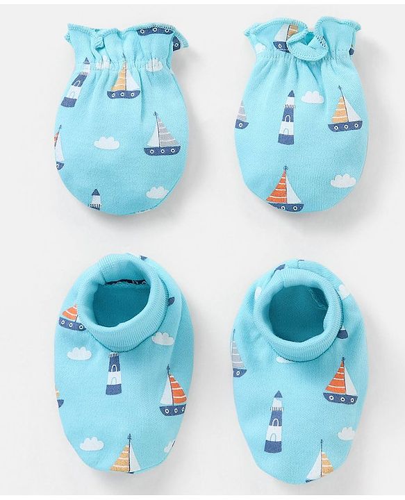 Babyhug 100% Cotton Knit Mittens & Booties Set Boat Print - Blue