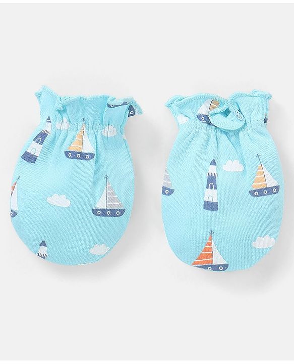 Babyhug 100% Cotton Knit Mittens & Booties Set Boat Print - Blue
