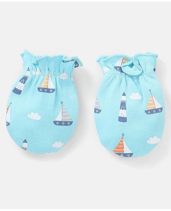 Babyhug 100% Cotton Knit Mittens & Booties Set Boat Print - Blue