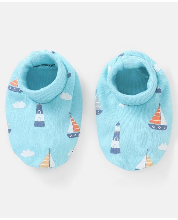 Babyhug 100% Cotton Knit Mittens & Booties Set Boat Print - Blue