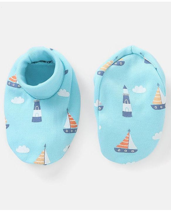 Babyhug 100% Cotton Knit Mittens & Booties Set Boat Print - Blue