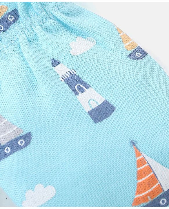 Babyhug 100% Cotton Knit Mittens & Booties Set Boat Print - Blue