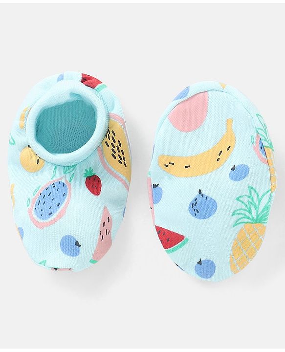 Babyhug 100% Cotton Knit Mittens & Booties Set Fruits Print - Blue