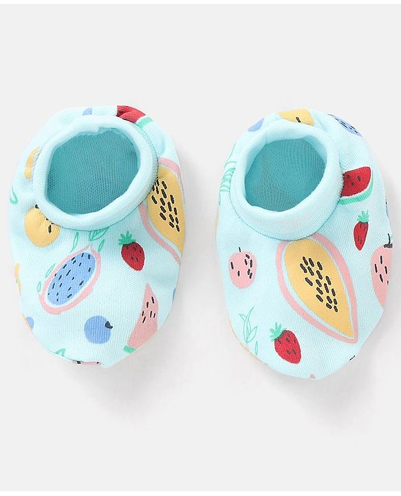 Babyhug 100% Cotton Knit Mittens & Booties Set Fruits Print - Blue