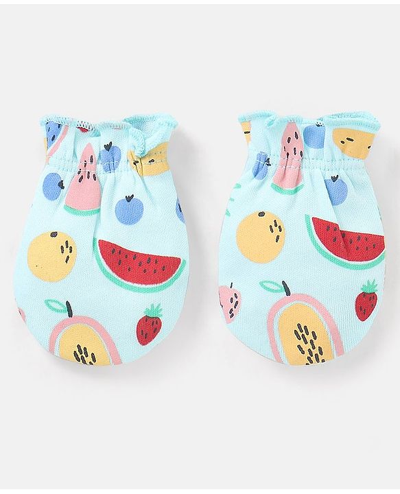 Babyhug 100% Cotton Knit Mittens & Booties Set Fruits Print - Blue