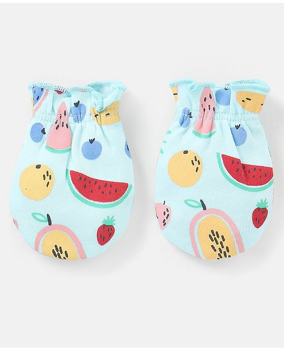 Babyhug 100% Cotton Knit Mittens & Booties Set Fruits Print - Blue