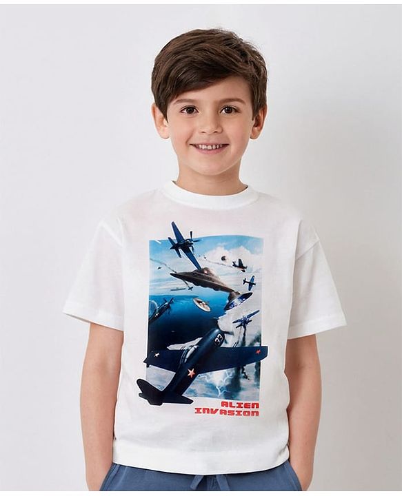 Pine Kids 100% Cotton Knit Half Sleeves Bio Washed T-Shirt Jet Print - Snow White