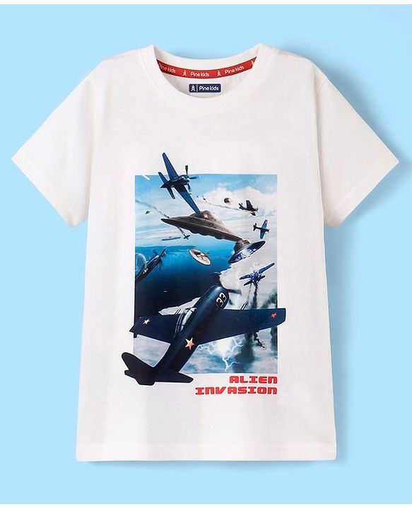 Pine Kids 100% Cotton Knit Half Sleeves Bio Washed T-Shirt Jet Print - Snow White