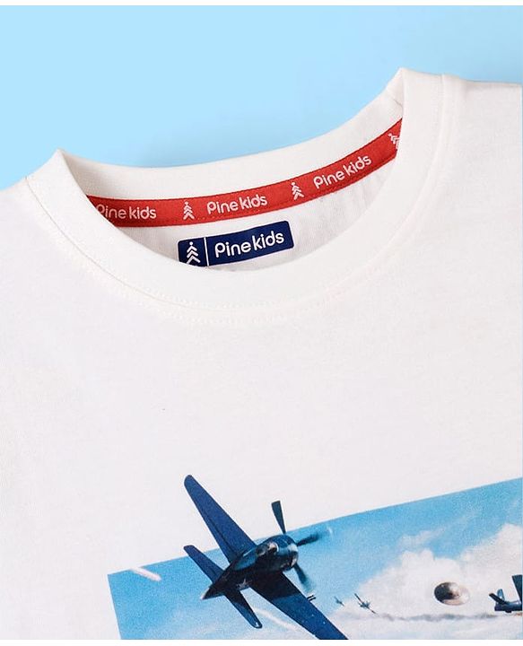 Pine Kids 100% Cotton Knit Half Sleeves Bio Washed T-Shirt Jet Print - Snow White