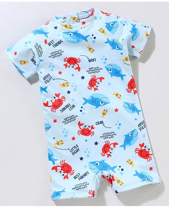 Babyhug Lycra Short Sleeves Legged Swimsuit Sea Animals Print - Blue