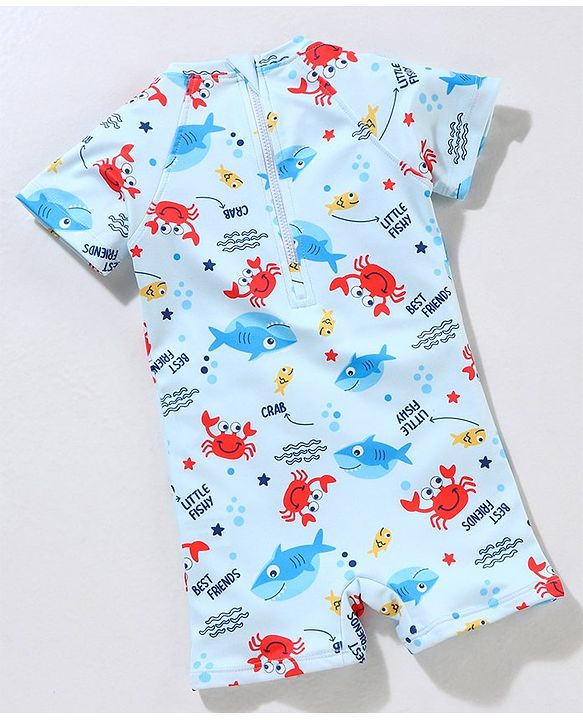 Babyhug Lycra Short Sleeves Legged Swimsuit Sea Animals Print - Blue