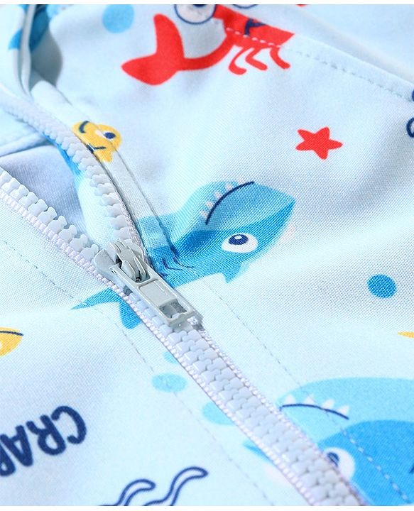 Babyhug Lycra Short Sleeves Legged Swimsuit Sea Animals Print - Blue