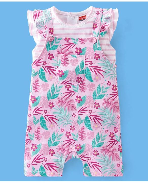 Babyhug 100% Cotton Sleeveless Striped Tee & Dungaree Set Floral  Print- Pink