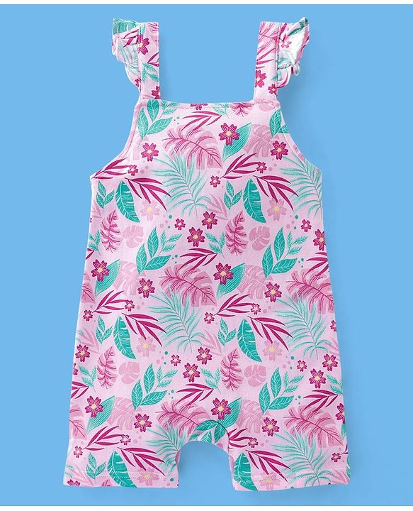 Babyhug 100% Cotton Sleeveless Striped Tee & Dungaree Set Floral  Print- Pink