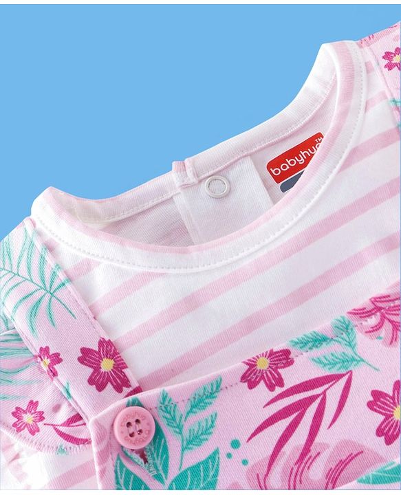 Babyhug 100% Cotton Sleeveless Striped Tee & Dungaree Set Floral  Print- Pink