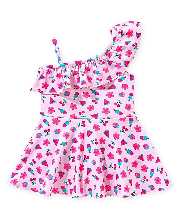 Babyhug Sleeveless Frock Style Singlet Swimsuit with Ruffle Detailing Fruity Print - Pink