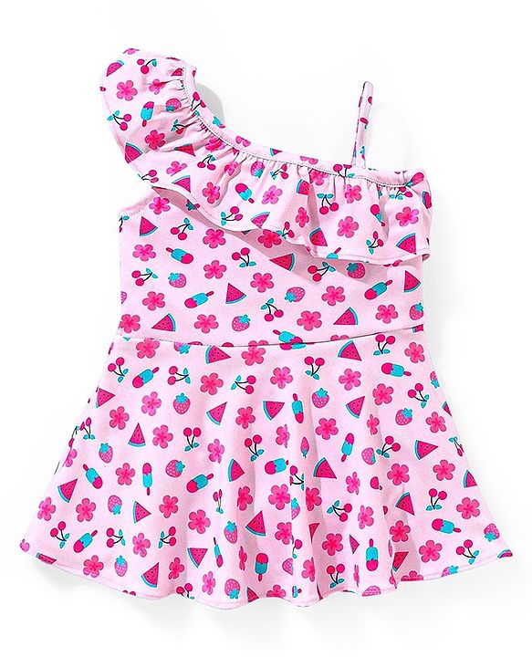 Babyhug Sleeveless Frock Style Singlet Swimsuit with Ruffle Detailing Fruity Print - Pink