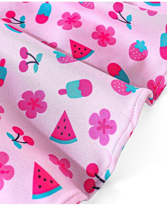 Babyhug Sleeveless Frock Style Singlet Swimsuit with Ruffle Detailing Fruity Print - Pink