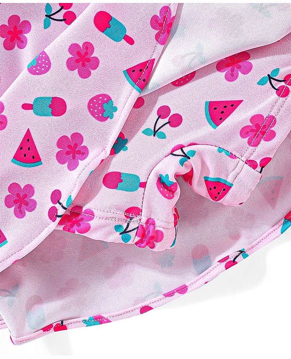 Babyhug Sleeveless Frock Style Singlet Swimsuit with Ruffle Detailing Fruity Print - Pink