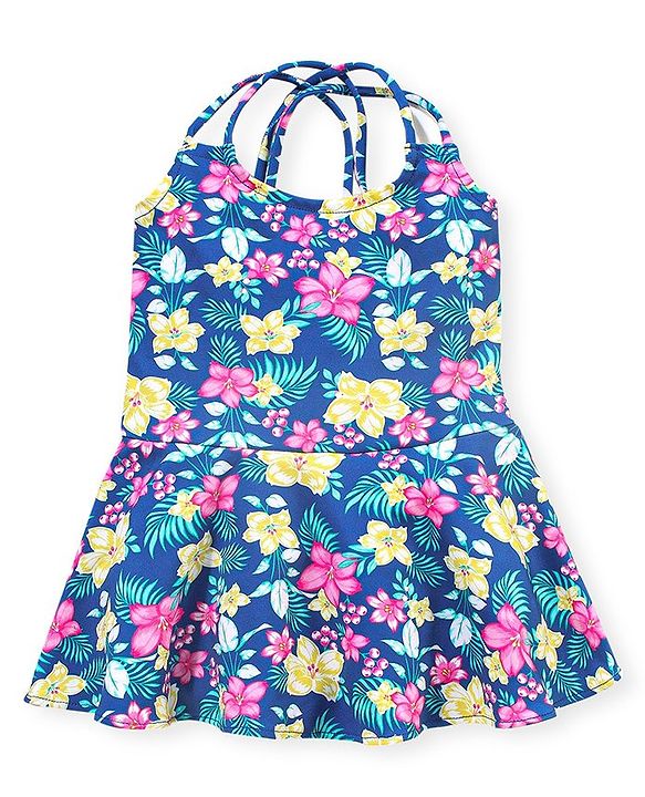 Babyhug Sleeveless Frock Style Singlet Swimsuit Floral Print - Navy Blue