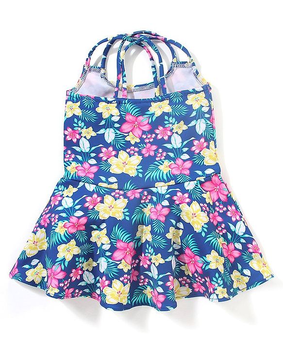 Babyhug Sleeveless Frock Style Singlet Swimsuit Floral Print - Navy Blue