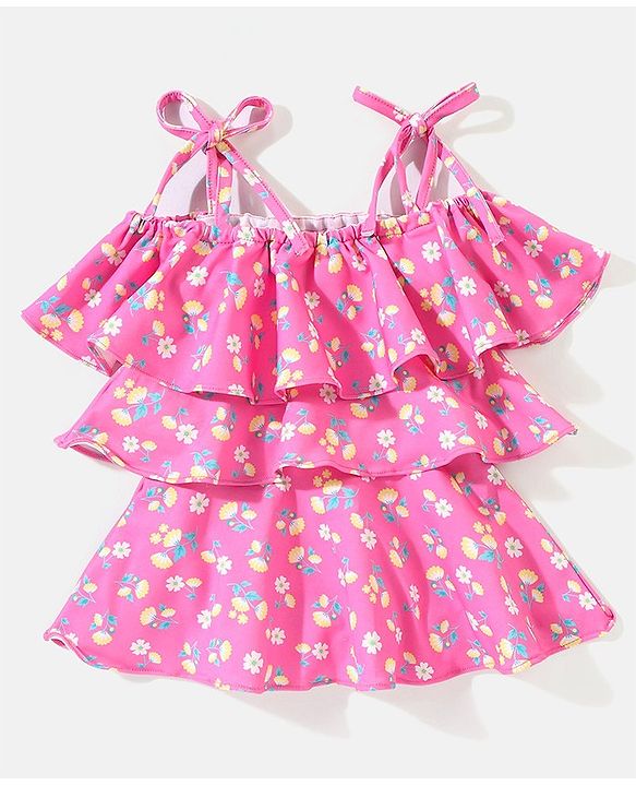 Babyhug Off Shoulder A Line Floral Print Swimsuit Frock - Pink