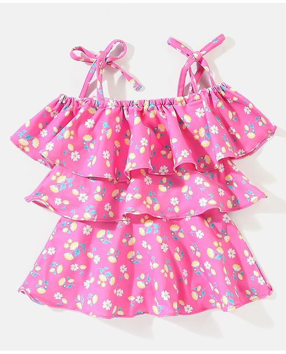 Babyhug Off Shoulder A Line Floral Print Swimsuit Frock - Pink