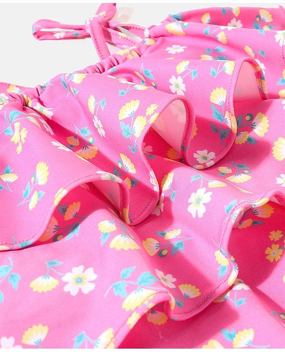 Babyhug Off Shoulder A Line Floral Print Swimsuit Frock - Pink
